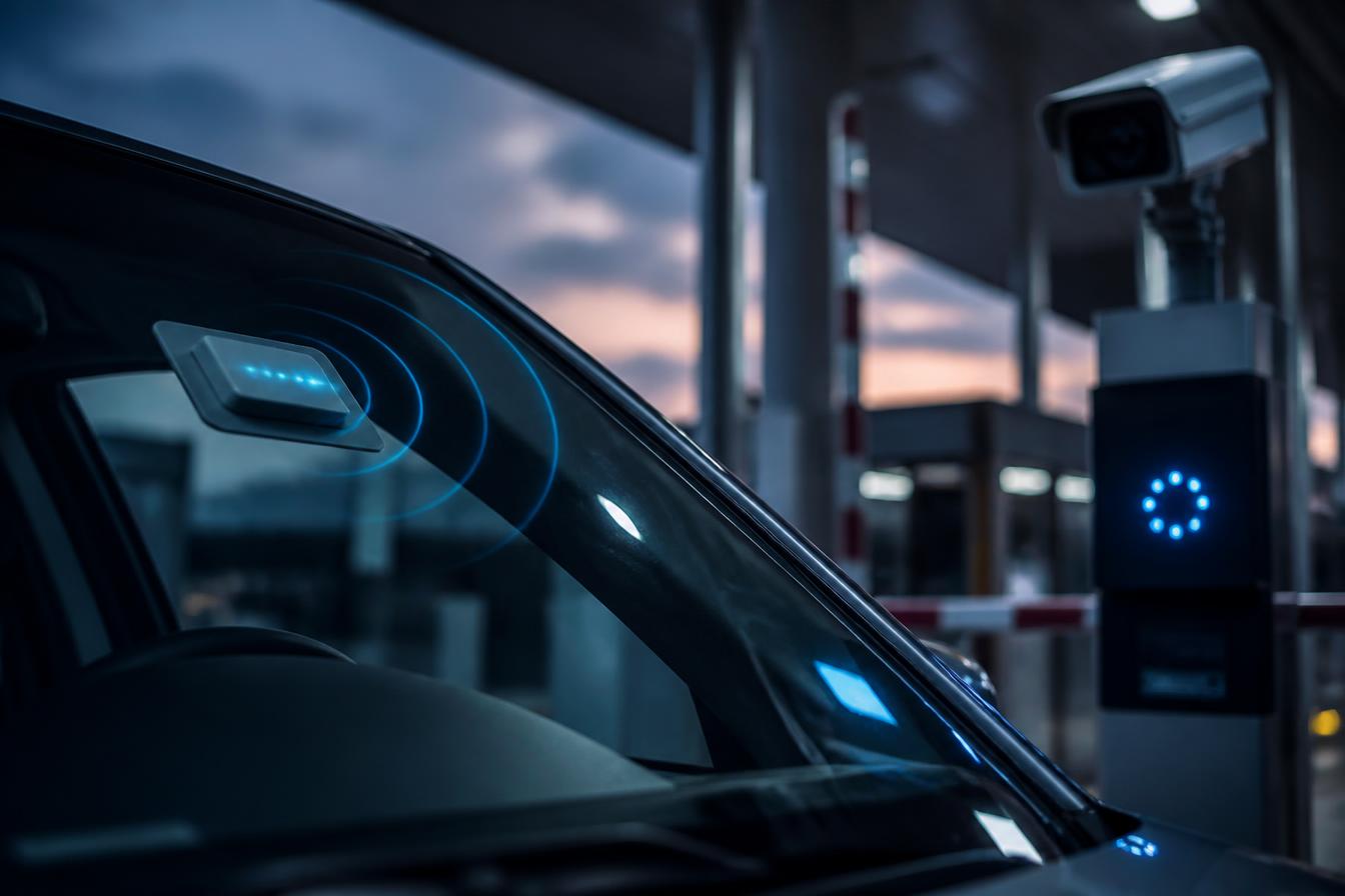 RFID vehicle e-tag on a windshield being read by a smart toll reader