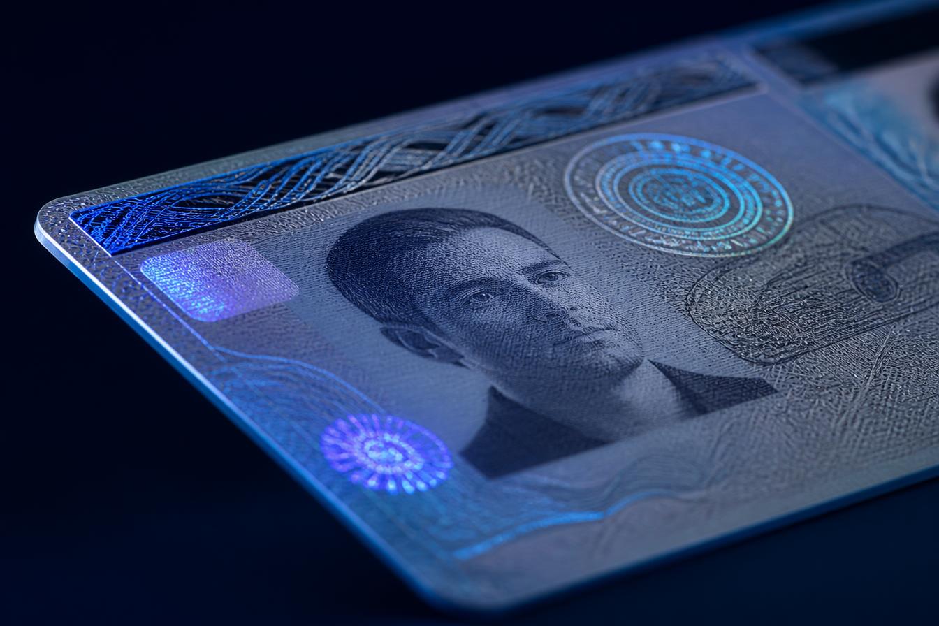 Detailed view of a holographic secure driving licence card
