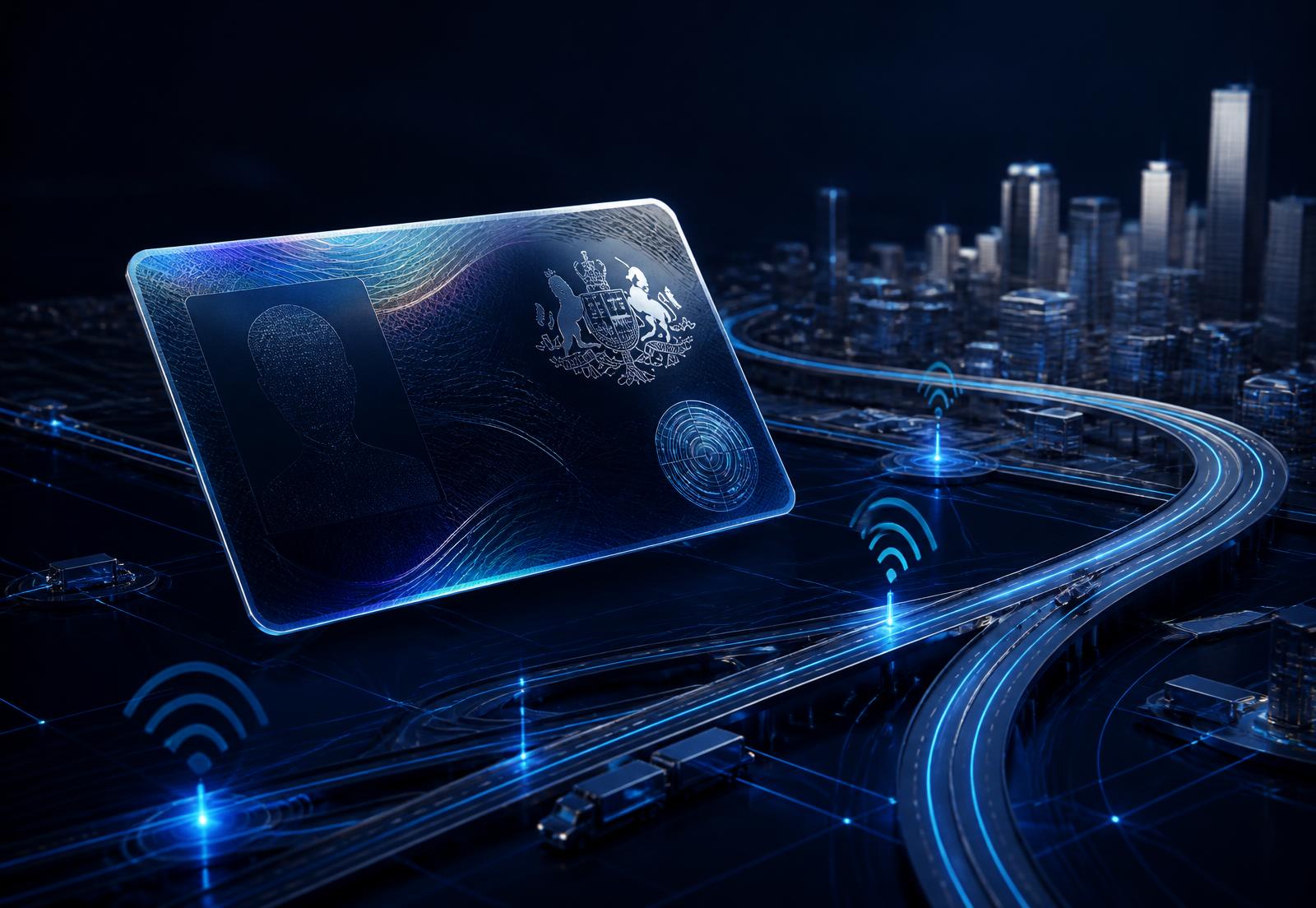 Secure identity card above a connected national road network