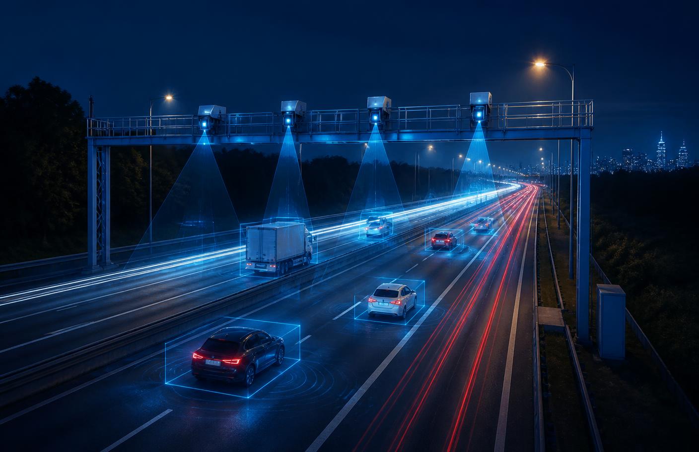 Night highway with ANPR camera gantry detecting vehicles
